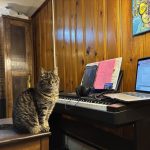 Cat sitting at a digital piano with a laptop and handwritten music.