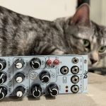 Tabby cat with a Eurorack module from Blue Lantern on its side.