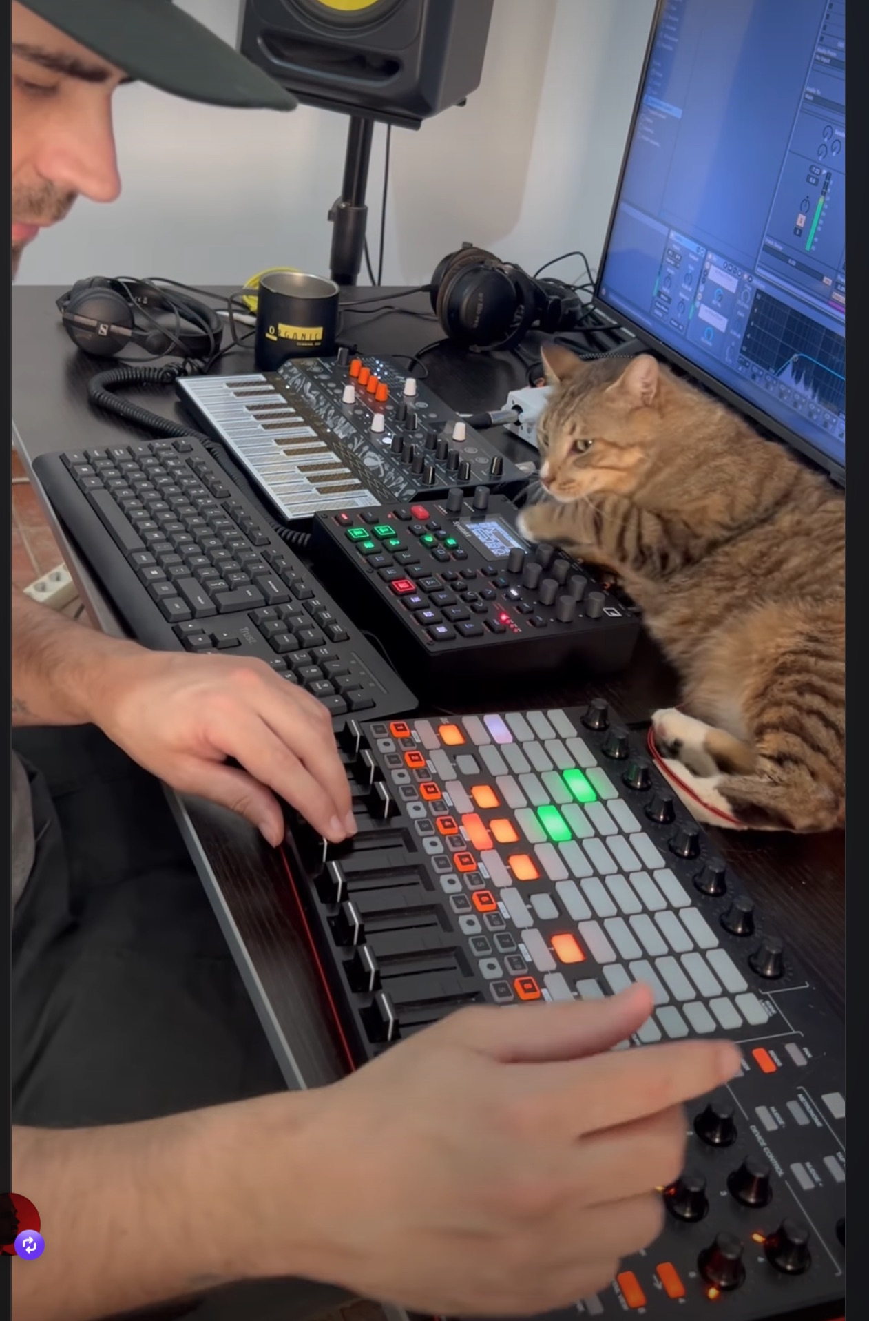 Cat with Akai APC40 MKII, Elektron Syntakt, Arturia MicroFreak