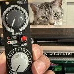 Tabby cat Haku looking from behind a modular case, as someone holds a synth module in front with two dials